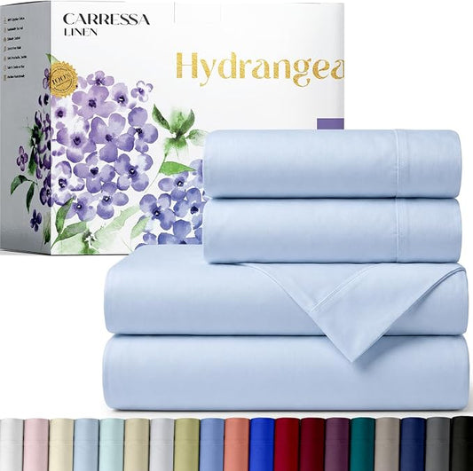 Carressa Linen 100% Egyptian Cotton Queen Sheet Set - 600 Series Hydrangeas Collection Egyptian Cotton Queen Sheets Set (4 PC, Light Blue), 16" Deep Pocket Sateen Weave Luxury Hotel Bed Sheet
