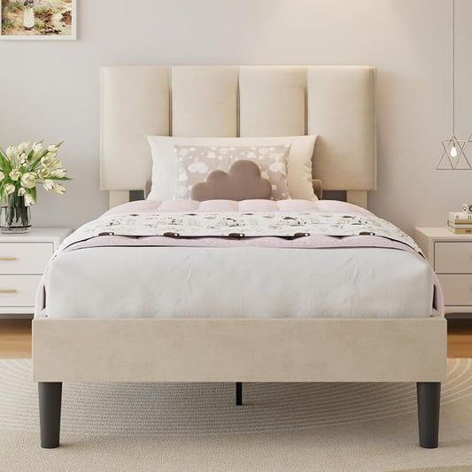 VECELO Twin Size Bed Frame with Upholstered Headboard, Heavy-Duty Bedframe with Wooden Slats & Steel Framework, Easy Assembly, Pale Beige
