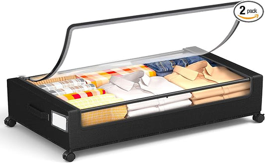 Underbed Storage with Wheels, Square Under Bed Storage Containers, 60L Under The Bed Storage, Rolling Under The Bed Storage Metal Drawer for Clothes, Blankets, Shoes...