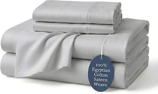 100% Egyptian Cotton Sheets Full Light Grey - Luxury Hotel Collection Full Size Sheet Set, Cooling & Breathable Sateen Weave, Anti Pilling Extra Long Staple Cotton, 16" Deep Pocket - 4Pc