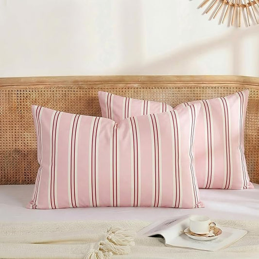 Merryword Queen Size Pillowcases, 100% Cotton Pillow Cases, Pink Striped Pillowcases, Soft Breathable Ribbon Stripe Pillow Covers, Set of 2