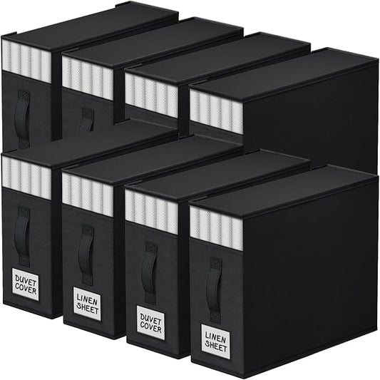 StorageTastic 8 Pack Bed Sheet Closet Organizers and Storage,Sturdy Foldable Storage Containers with Window and Label,Storage and Organization for Bedding Sheets,Duvet Covers,Blankets (Black)