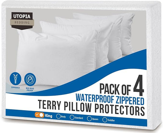 Utopia Bedding Set of 4 Waterproof Pillow Protectors with Zipper King Size, Terry Pillow Covers, Bed Bug and Dust Mite Proof Pillow Cases