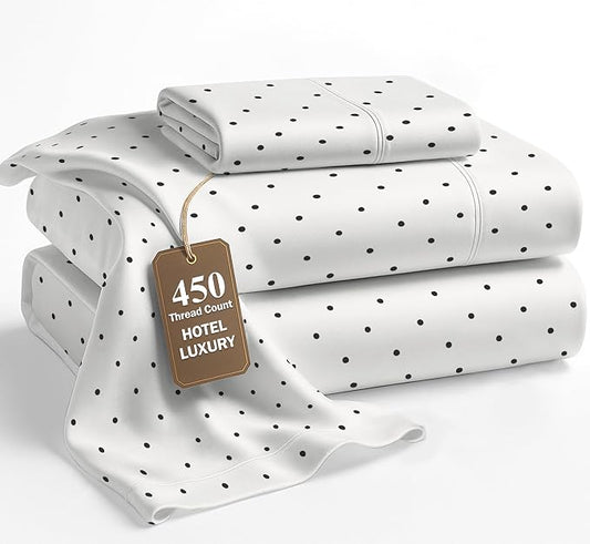 LANE LINEN 450 Thread Count 100% Mercerized Cotton Twin XL Bed Sheets Set - Machine Wash, Soft & Comfy Hotel Like Thick Rose Bedding Set, Cotton Bedding Sheets & Pillowcases - Polka Dot Black