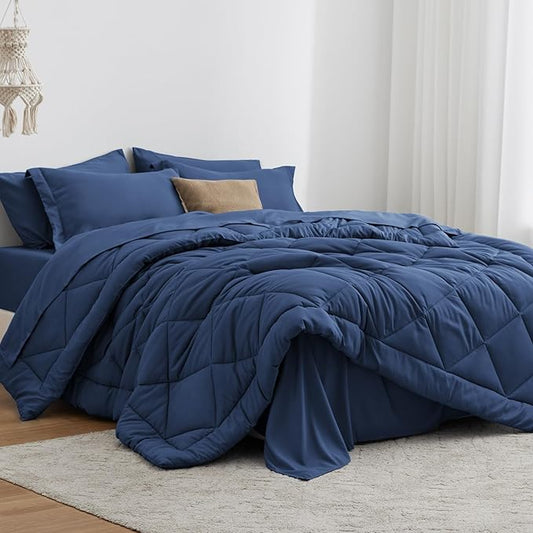 Love's cabin Twin Comforter Set Dark Blue, 5 Pieces Twin Bed in a Bag, All Season Bedding Sets with 1 Comforter, 1 Flat Sheet, 1 Fitted Sheet, 1 Pillowcase and 1 Pillow Sham | Soft, Breathable, Lightweight, Comfortable