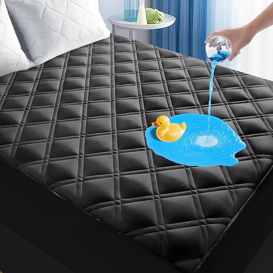 MEELUS Waterproof Queen Mattress Protector, Breathable Queen Size Mattress Pad Cover Fitted Deep Pocket 8"-21", Soft Noiseless Mattress Cover Washable Cooling Padded for Home Hotel Bedroom, Black