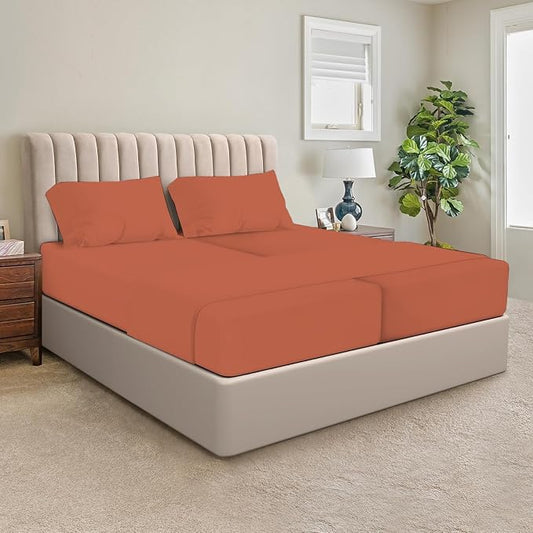 SGI Split King Sheet Set for Adjustable Bed Egyptian Premium Cotton 600 Thread Count Sheets for Sleep Number Bed 15" Deep Pocket 5 Pc Set with 2 Twin XL Fitted Sheets Soft Breathable - Terracotta