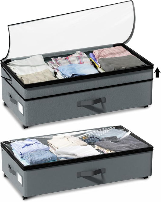 2-Pack Under Bed Storage Containers with Wheels, 75L Each Underbed Storage Organizer with Clear Handles, Collapsible Under Bed Storage Boxes for Clothes, Bedding, Max Load 80 LBS, Gray