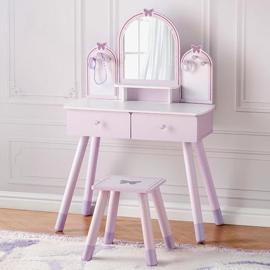 ROBOTIME Purple Kids Vanity Set, Makeup Vanity Desk with Mirror, Chair and Storage Drawers, Little Girl Dressing Table with Stool for Toddlers Ages 3+