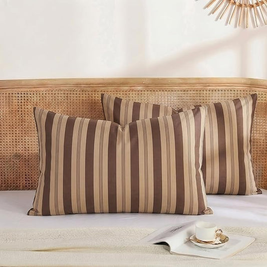 Merryword Brown Striped Pillowcases, 100% Cotton Pillow Cases, Queen Size Pillowcases, Luxury Linen Like Pillowcase, Soft Breathable Stripe Pillow Covers, Set of 2