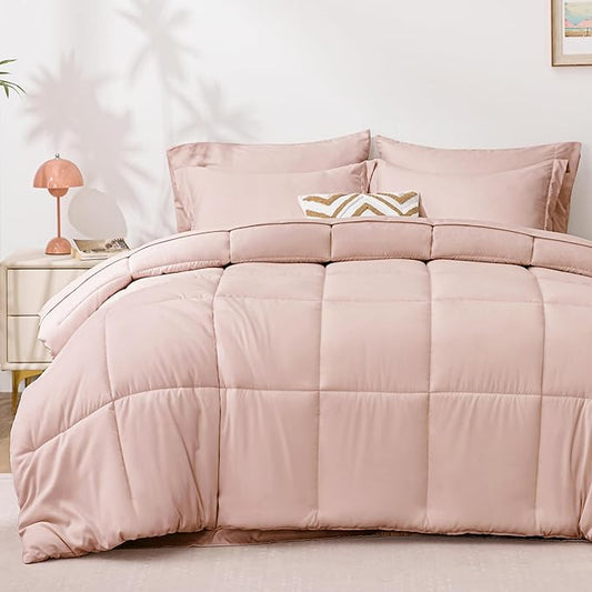 Love's cabin Twin Comforter Set Blush Pink, 5 Pieces Twin Bed in a Bag, All Season Bedding Sets with 1 Comforter, 1 Flat Sheet, 1 Fitted Sheet, 1 Pillowcase and 1 Pillow Sham | Soft, Breathable, Lightweight, Comfortable