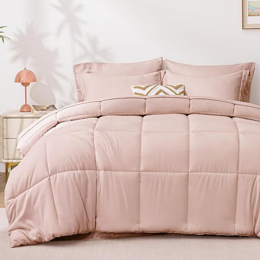 Love's cabin Queen Comforter Set Blush Pink, 7 Pieces Queen Bed in a Bag, All Season Bedding Sets with 1 Comforter, 1 Flat Sheet, 1 Fitted Sheet, 2 Pillowcase and 2 Pillow Sham | Soft, Breathable, Lightweight, Comfortable