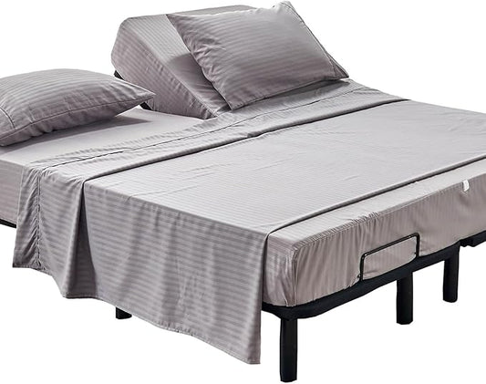 Kingnex Striped 32-34 Split Top King Sheets Sets for Adjustable Bed with Strap Soft Brushed 1800 Microfiber 4 Pieces Flex Head King Bedding Set Grey