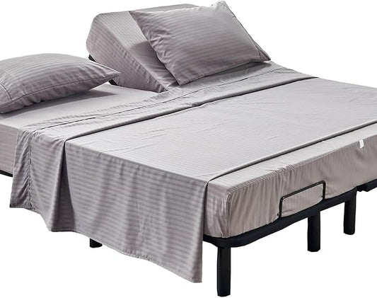 Kingnex Striped Split Top California King Sheets Sets for Adjustable Bed 4 Pieces Include 1 Flex Head Fitted Cal King Sheet 1 Flat Sheet 2 King Size Pillowcases Grey