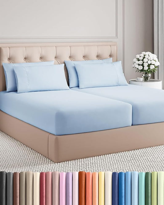Split King 7 Piece Sheet Set - Comfy, Breathable & Cooling - Soft Hotel Luxury Bedding for Women, Men, Kids, Teens and Children - 1 Flat & 2 Fitted Sheets & 4 Pillowcases with Deep Pockets - Sky Blue