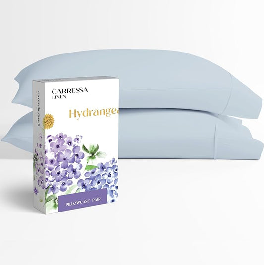 Carressa Linen 100% Egyptian Cotton Pillow Cases Queen Size Set of 2 - Luxury 600 Series Hydrangeas Collection Queen Size Pillowcases (Light Blue), Cooling Sateen Weave Hotel Quality Bed Pillow Cover