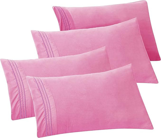 Elegant Comfort 4-PACK Solid Pillowcases 1500 Premium Hotel Quality Microfiber - Smooth Weave, Wrinkle and Stain Resistant, Easy Slip-On, 4-Piece Set, Standard/Queen Pillowcase, Light Pink