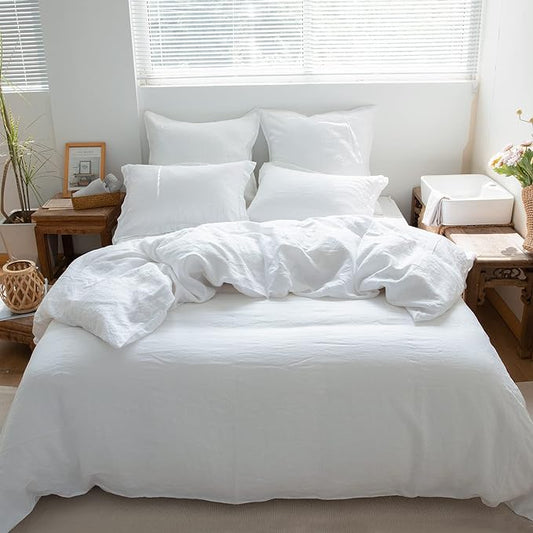 Simple&Opulence 100% Linen Duvet Cover Set 2pcs Basic Style Natural French Washed Flax Solid Color Soft Breathable Farmhouse Bedding with Button Closure - White, Twin