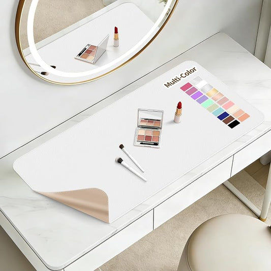 Makeup Mat for Vanity to Protect Desk Top, Dual-Sided Makeup Mat, Easy to Clean Desk Pad - Waterproof and Oilproof Vanity Accessories, 19.7 x 11.8 in (White and Khaki)