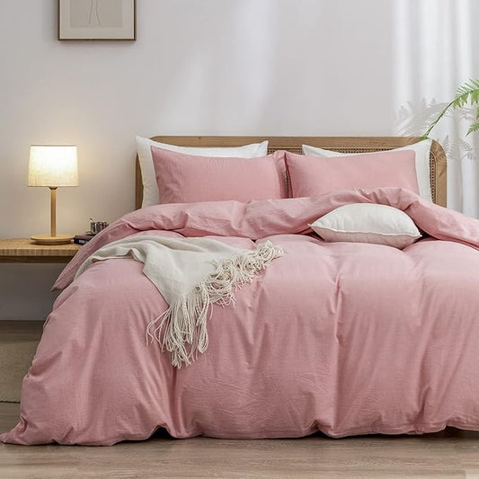 BESTOUCH Duvet Cover Set 100% Washed Cotton Linen Feel Super Soft Comfortable Chic Lightweight 3 PCs Home Bedding Set Solid Red Pink King