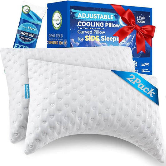 Side Sleeper Pillows for Neck & Shoulder Comfort - Ergonomic Curved Crescent Design, Adjustable Shredded Memory Foam, Cooling & Soft Cover, Extra Fill Included, Queen Size Pillows Set of 2