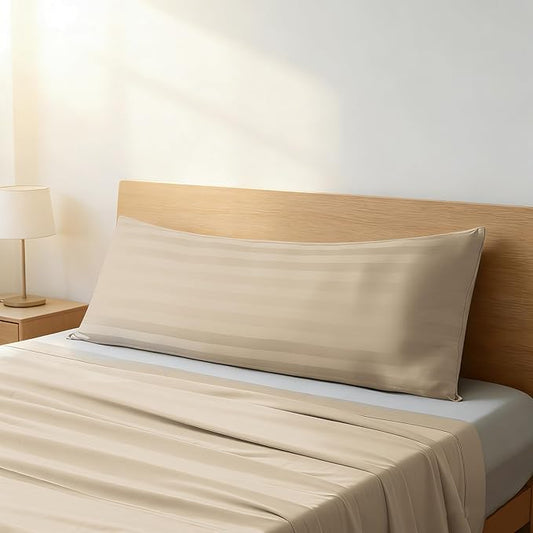 100% Egyptian Cotton Body Pillow Cover Long Pillow Case, 600 Thread Count Bed Pillow Protector with Zipper, Sateen Weave Full Body Pillowcase for Adults 20x54 Inches (1PC, Body, Striped Beige)