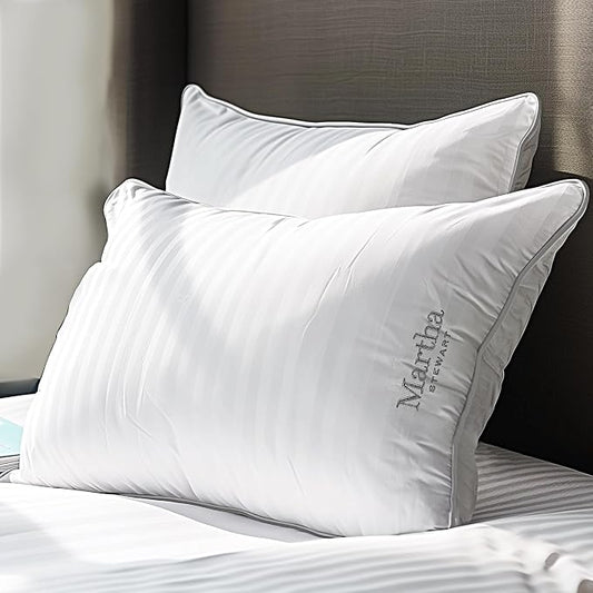 Martha Stewart Hotel Collection Pillow 500 Thread Count Damask Stripe Embroidered Feathers Soft Hypoallergenic 100% Cotton King Size Set of 2