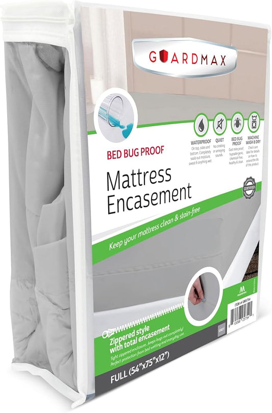 Guardmax Full Mattress Encasement with Zipper, Waterproof, Bed Bug Proof, and Dust Mite Proof Mattress Protector for Full Size Bed up to 12" Deep, Zippered All Around Jersey Knitted Mattress Cover