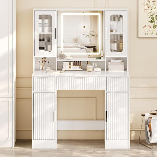 Garvee Vanity Desk with Mirror and Light, Modern Makeup Dressing Table with Adjustable 3 Colors Light, Vanities for Bedroom with 2 Glass Cabinets, 2 Large Cabinets, 3 Drawers & Storage Shelves, White