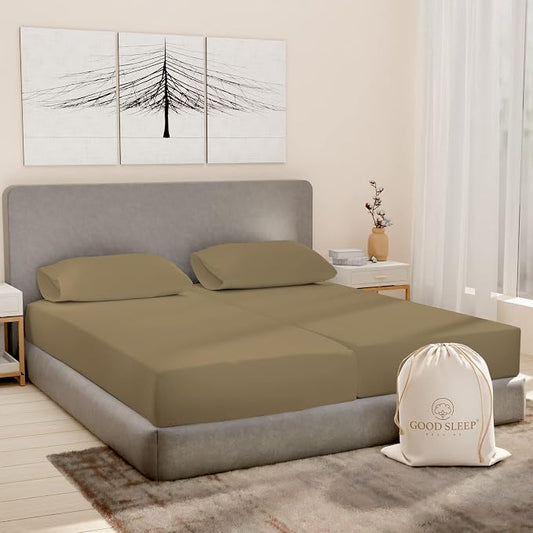 Good Sleep Bedding Split King Sheets for Adjustable Bed, 5 Piece, 100% Egyptian Cotton Sheet & Pillowcase Sets, Sateen Weave, Ultra-Soft, 16" Deep Pocket Adjustable Bed Sheets - Taupe