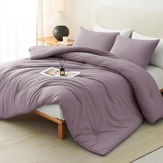 CozyLux King Size Comforter Set Dusty Purple, 3 Pieces Solid Comforters King Size Breathable Bedding Sets, Grayish Purple Luxury Lightweight Bed Set with Down Alternative Comforter and 2 Pillowcases