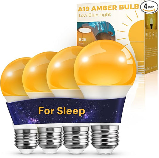 L LOHAS LED Sleep aid Amber Light Bulbs, Blue Light Blocking, A19 9W(60 Watt Equivalent) Dim Light Bulbs, 1800K Warm Light Bulb, E26 Base, 4 Pack