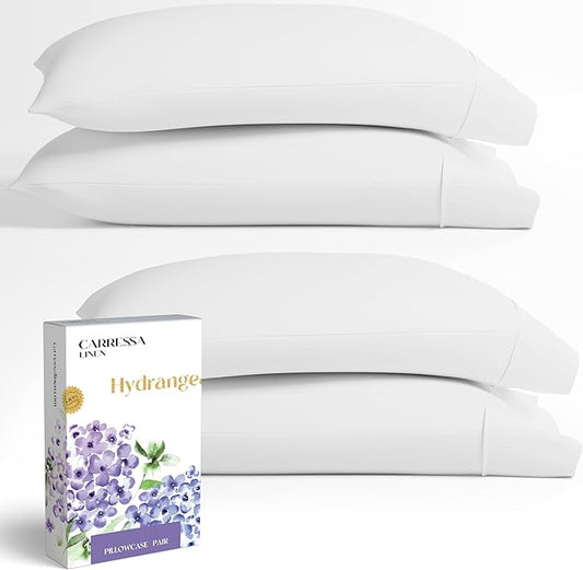 Carressa Linen 100% Egyptian Cotton King Size Pillow Cases Set of 4 - Luxury 600 Series Hydrangeas Collection King Pillowcases (White), Soft Cooling, Sateen Weave Hotel Quality Bed Pillow Cover