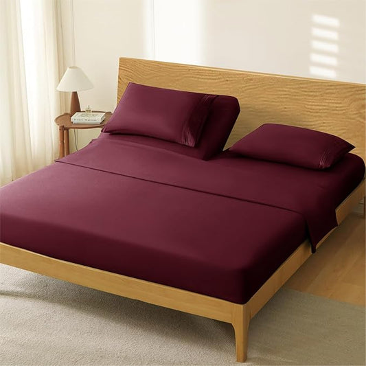 Manyshofu 4 Piece Split Head California King Sheets Sets for Adjustable Bed Sheet, Flex Head Split Top Cal King Sheets Burgundy Sheet Set - 1800 Thread Count Bedding Set with 14-16 Inch Deep Pockets