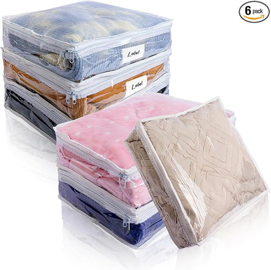 Clear Zippered Storage Bags Plastic Sweater Storage Bags with Zipper 6 Packs Clothing Organizer for Blankets Linen Sweater Bed Sheet Quilt Clothes Pillow (15.7 x 13.8 x 3.9 Inch, White)
