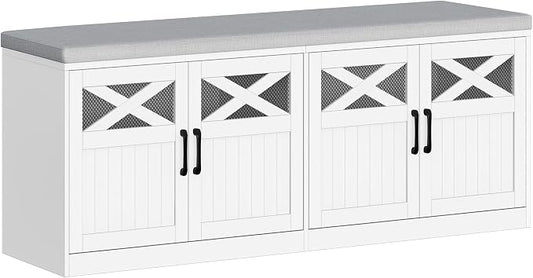 Hzuaneri 2 Tier Shoe Storage Bench with Doors, 47.2" Farmhouse Shoe Bench with Padded Cushion, 12 Pairs of Bed End Bench, Entryway Bench with Storage for Bedroom, Living Room, White SB61203X