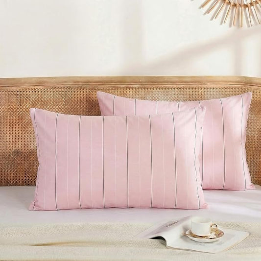 Merryword Pink Striped Pillowcases, 100% Cotton Pillow Cases, King Size Pillowcases, Soft Breathable Pinstripe Pillow Covers, Set of 2
