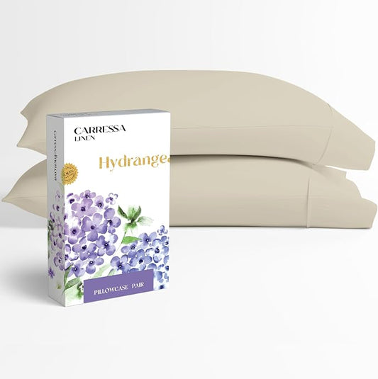 Carressa Linen 100% Egyptian Cotton Pillow Cases Queen Size Set of 2 - Luxury 600 Series Hydrangeas Collection Queen Size Pillowcases (Sand), Cooling Sateen Weave Hotel Quality Bed Pillow Cover