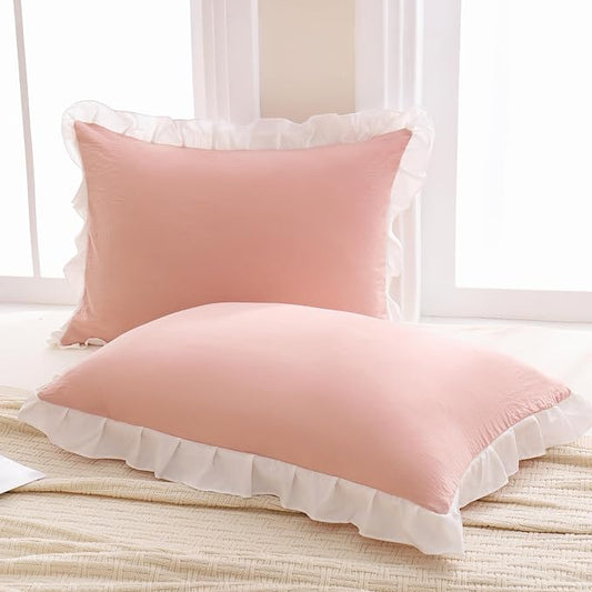 Merryword Pink Pillow Shams Standard Pillowcases 20x26inch Pink and White Reversible Cute Pillow Cover Set of 2 Soft Shabby Chic Ruffled Pillowcases