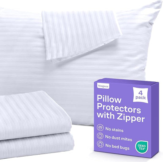 Set of 12 Pillow Protectors with Zipper Standard Size - 100% Resistant to Stains, Dust & Dirt - Washable Covers for Increased Pillow Lifespan