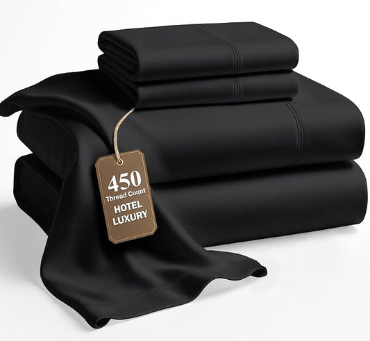 LANE LINEN 100% Cotton Deep Pocket Full Size Sheets Set - 450 Thread Count Premium Sateen Weave for A Silky Feel - Hotel Quality Softness for Year Round Comfort - Oeko TEX Certified - Black