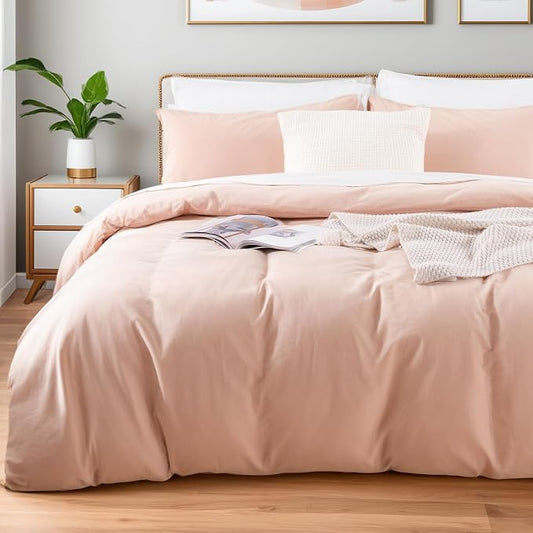 NEXHOME PRO Duvet Cover Set Oversized Queen 98"x98" Linen Look Textured Organic Natural 100% Washed Cotton Duvet Cover 3 Pieces Bedding Set Zipper Closure, Breathable, Dusty Pink (No Comforter)