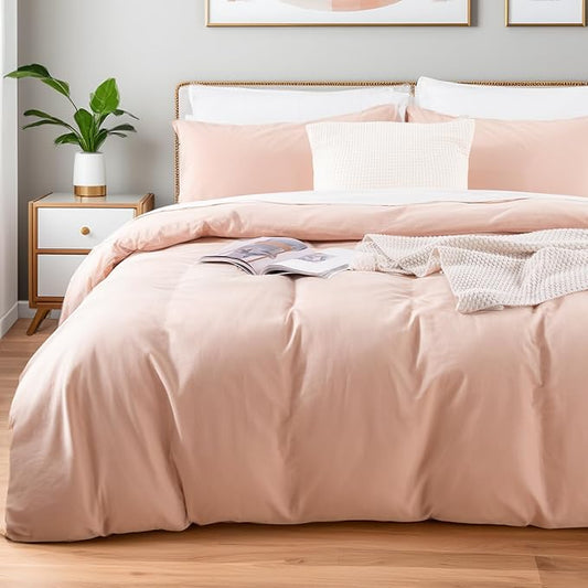 NEXHOME PRO 100% Washed Cotton Duvet Cover King Size, Linen Feel Textured Organic Natural Duvet Cover Set 3 Pieces Bedding with Zipper Closure, Breathable, Dusty Pink(No Comforter)