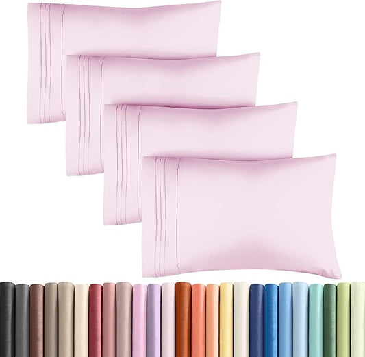 King Pillow Cases Set of 4 - Ultra Soft Hotel Quality Pillowcase Covers - Comfy, Cozy & Wrinkle Free - Shrinkage, Stain & Fade Resistant - Machine Washable Pillow Protectors - 4 Piece Set - Light Pink