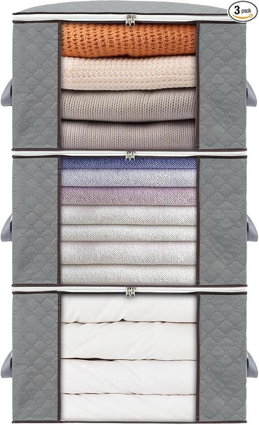 combocube 3 Pack Closet Organizers and Storage Containers, Clothes Storage Bins, Storage Bags with Large Clear Window & Handles for King Comforter, Pillow, Quilt, Bedding, Clothes