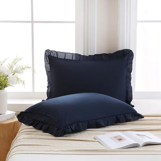 Merryword Navy Pillowcases King Size Ruffled Pillow Shams Set of 2 Cute Pillowcases Navy Blue Shabby Chic Pillow Cover 2 Pack