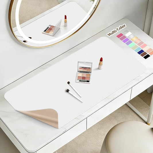Makeup Mat for Vanity to Protect Desk Top 15.7 x 11.8in, Dual-Sided Makeup Mat, Easy to Clean Desk Pad - Waterproof and Oilproof Vanity Accessories (White and Khaki)