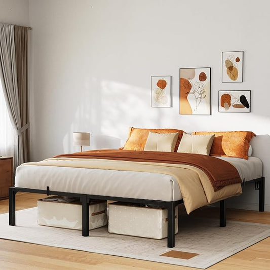 16 Inch Full Metal Bed Frame, Heavy Duty Metal Platform Bed Frame with Reinforced Slats Support, 800 Lbs Load Capacity, Noise Free, No Box Spring Needed and Screws , Tool-Free Assembly Bed Frame