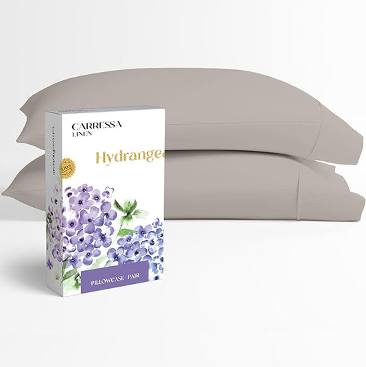 Carressa Linen 100% Egyptian Cotton Pillow Cases Queen Size Set of 2 - Luxury 600 Series Hydrangeas Collection Queen Size Pillowcases (Taupe), Cooling Sateen Weave Hotel Quality Bed Pillow Cover