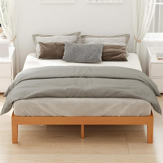 DUMOS King Size Bed Frame, Solid Wood Bed Base with Wood Slat Support, Sturdy, Stylish & Noise-Free Design, No Box Spring Needed, Easy Assembly, 12 in Natural Pine